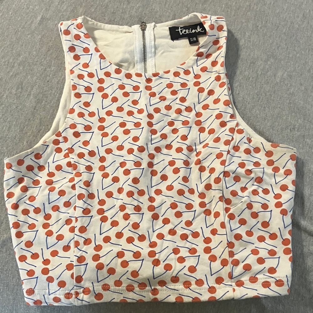 Cherry Print Crop Top - White and Orange